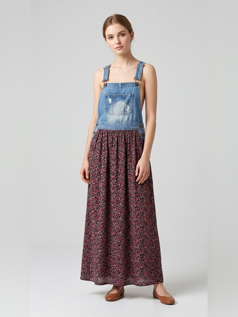 life in progress Denim Bib Floral Maxi Dress in Blue and Burgundy